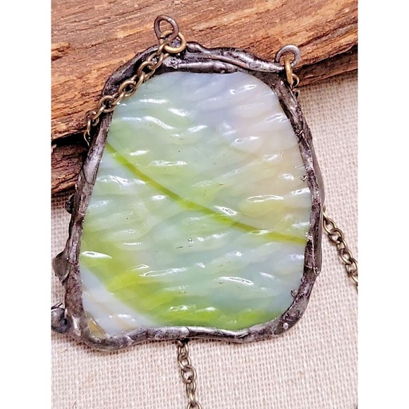 Vintage Doubled sided Stained Glass Artisan Necklace Pendant Greens Blues Amber - Picture 7 of 7